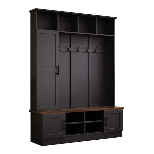 Black 3-in-1 Hall Tree with Walnut Storage Bench, Adjustable Shelves and Coat Rack with 6 Hooks