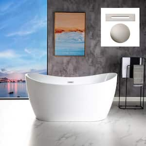 59 in. L x 28.75 in. W Acrylic FlatBottom Double Slipper Soaking Bathtub in White with Brushed Nickel Overflow and Drain