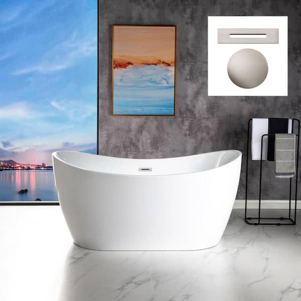 WOODBRIDGE 59 in. L x 28.75 in. W Acrylic FlatBottom Double Slipper Soaking Bathtub in White with Brushed Nickel Overflow and Drain