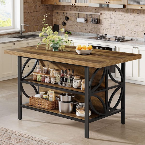 Alan Brown Wood Grain Finished 63 in. Kitchen Island 2 Tier Open Storage Shelves Large Worktop Modern Industrial Bar