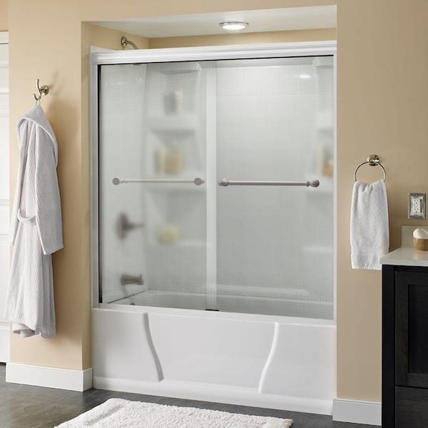 Delta Silverton 60 in. x 58-1/8 in. Semi-Frameless Traditional Sliding Bathtub Door in White and Nickel with Pyramid Glass
