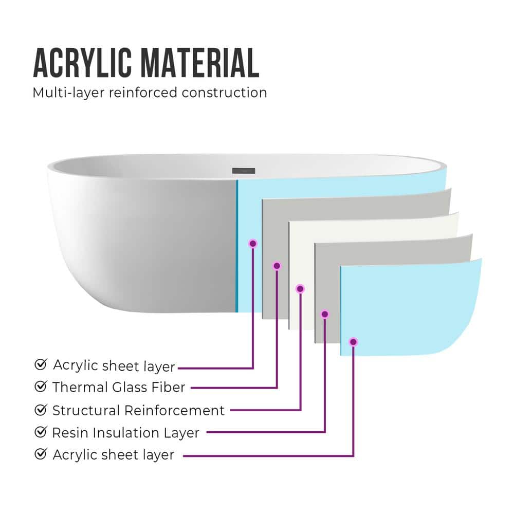 White Acrylic 59" Freestanding Soaking Bathtub with Chrome Drain