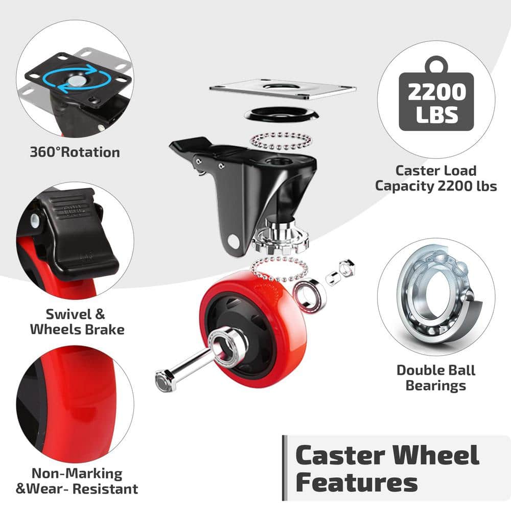 Heavy Duty 5 Inch Red Polyurethane Swivel Caster Wheels with Brake