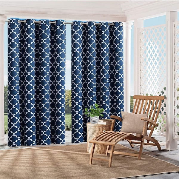 Pro Space Dark Blue Tile Printed 63 in. L x 50 in. W Blackout Curtains Waterproof Privacy UV Protection Drape with Top Grommets