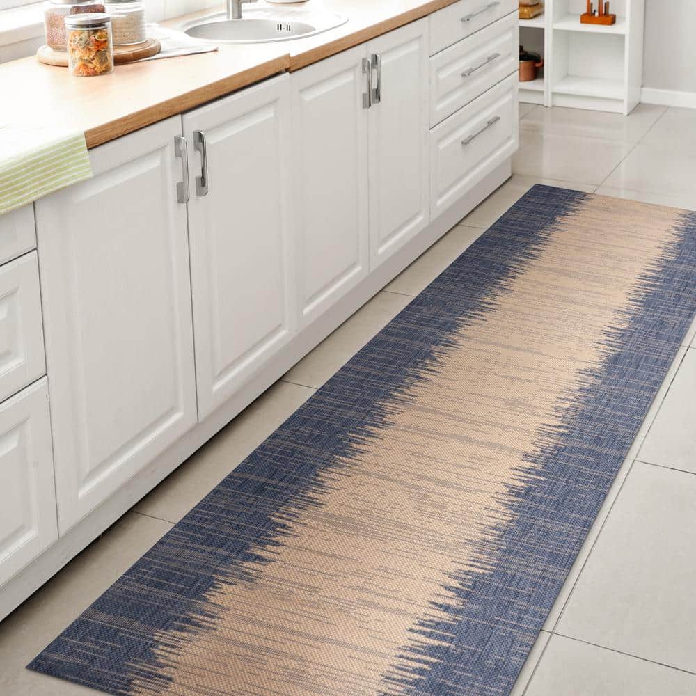 Tavira Blue and Beige Striped Synthetic Runner Rug