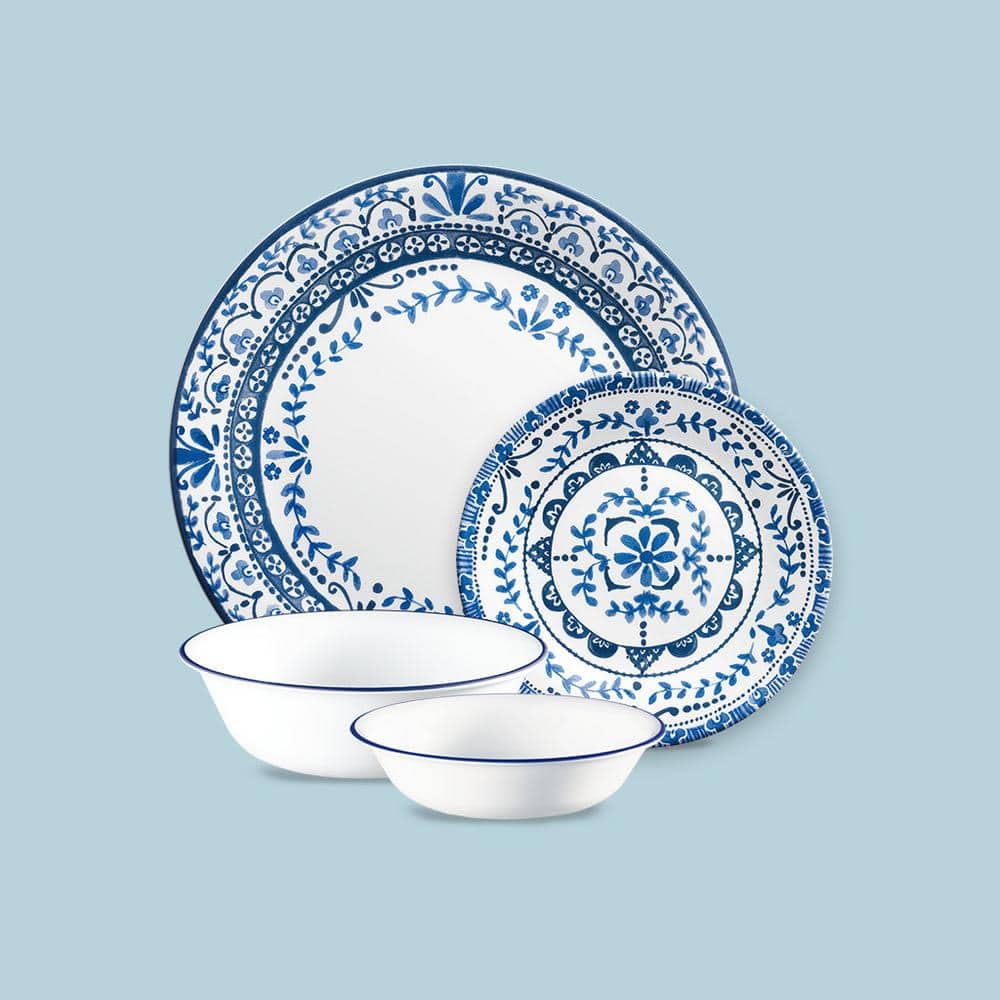 Portofino Blue Floral Vitrelle Glass Dinnerware Set, Service for 4