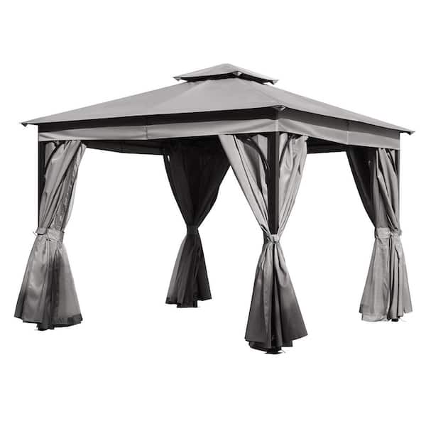 10 ft. x 10 ft. Gray Hardtop Outdoor Gazebo with Double Roof, Mosquito Netting and Privacy Screens