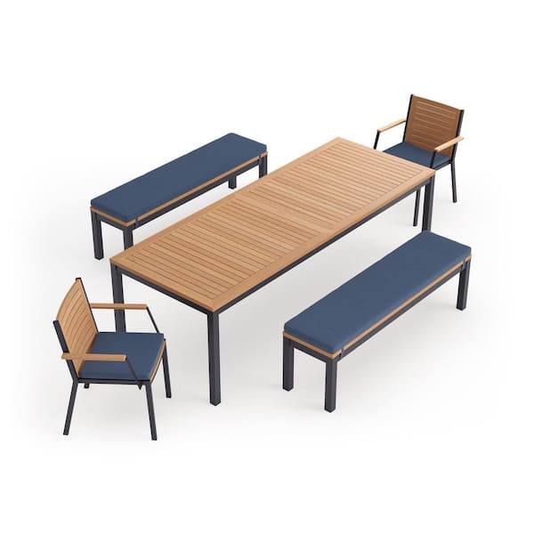 NewAge Products Monterey 5 Piece Aluminum Teak Outdoor Patio Dining Set in Spectrum Indigo Cushions with 96 in. Table & Bench