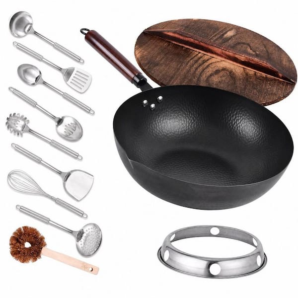 12.8 in. Carbon Steel Wok and Stir-Fry Pan with Lid, Cookware Accessories for Electric, Induction, Gas Stoves, 11-Piece