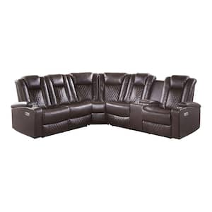 Briscoe 113.5 in. Straight Arm 3-piece Faux Leather Power Reclining Sectional Sofa in Dark Brown with Console