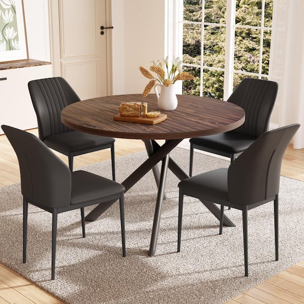 GOJANE 5-Piece Modern Walnut Round Dining Table Set for Dining Coffee Room (Walnut Table+4 Black Chairs)