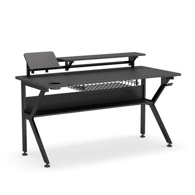 George 47 in. K-Shaped Black Gaming Desk Wood Computer Desk with Storage Shelf, Game Table Workstation with Cup Holder