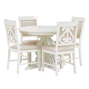 5-Piece Antique White MDF Top Extendable Dining Set with 4 Upholstered Chairs and a 16 in. Leaf