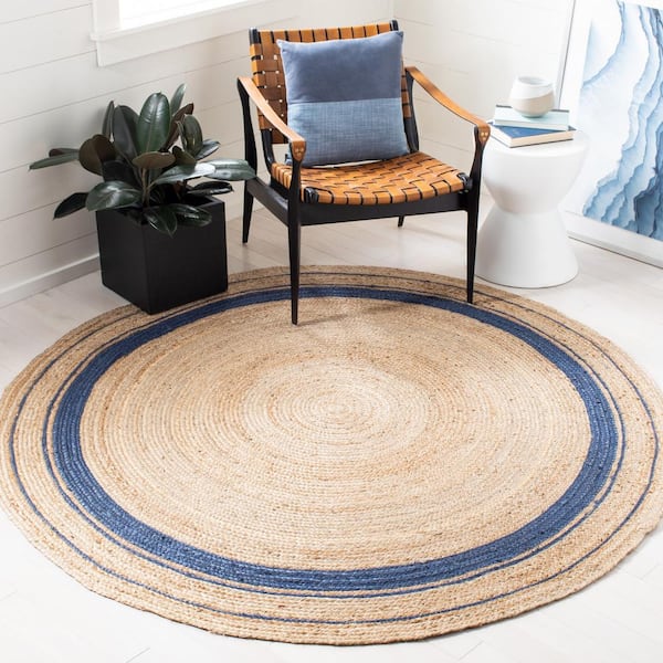 Natural Fiber Navy/Beige 6 ft. x 6 ft. Striped Border Round Area Rug