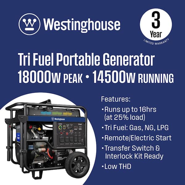 18,000/14,500-Watt Tri-Fuel Gas, Propane, Natural Gas Powered Portable Generator with Remote Electric Start, 50A Outlet