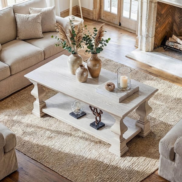 46.2 in. White Oak Rectangle Pine Solid Wood Coffee Table with Open Lower Storage Shelf, Sturdy Frame&Versatile Design