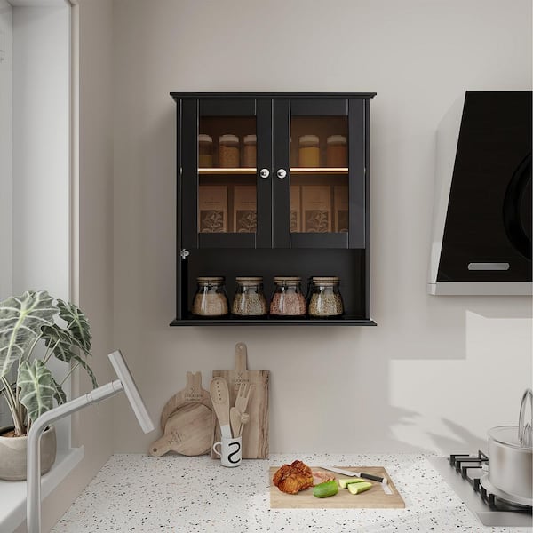 26.2 in. W x 7.9 in. D x 29.5 in. H Bathroom Storage Wall Cabinet in Black With Light Strip Behind the Glass Shelf
