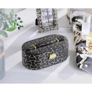 3.5 in. Black Leather with Gold Swirl Piping Jewelry Case and Mirror Travel Case