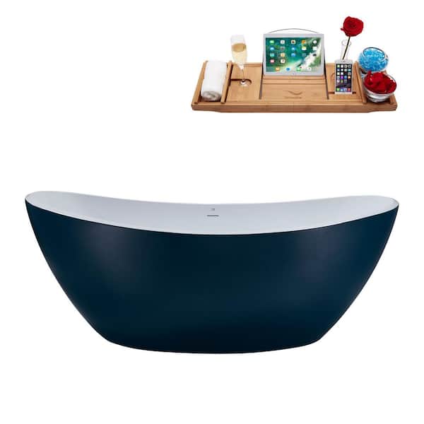 Streamline 75 in. Acrylic Flatbottom Non-Whirlpool Bathtub in Matte Light Blue With Brushed Gold Drain