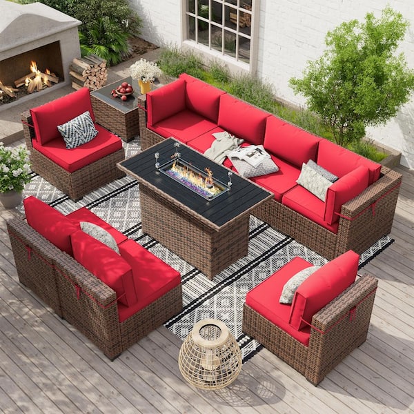 8-Person Brown Wicker Outdoor Sectional Set with Fire Pit Table, Coffee Table and Cushions