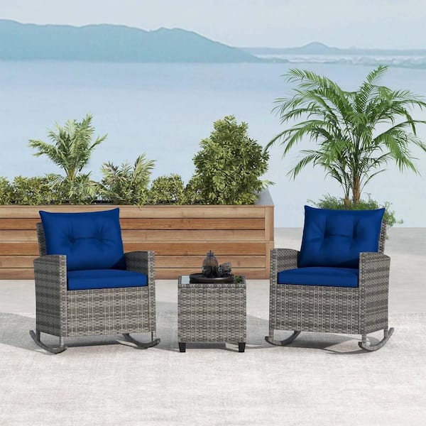 3-Piece Wicker Patio Conversation Set with Tempered Glass Table and Rocking Soft Cushions Navy Cushions