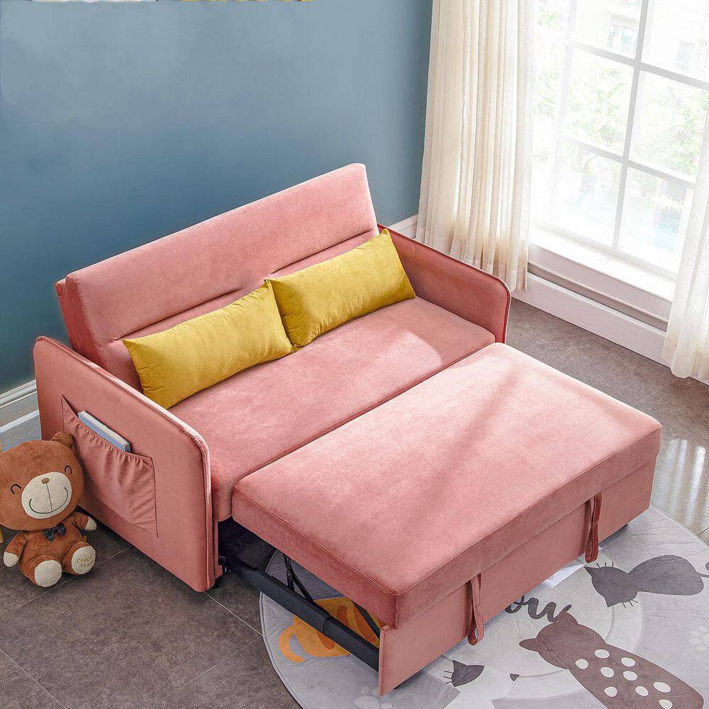 Magic Home 57 in. Pink 2 Seats Full Size Compact Soft Velvet Sofa Bed