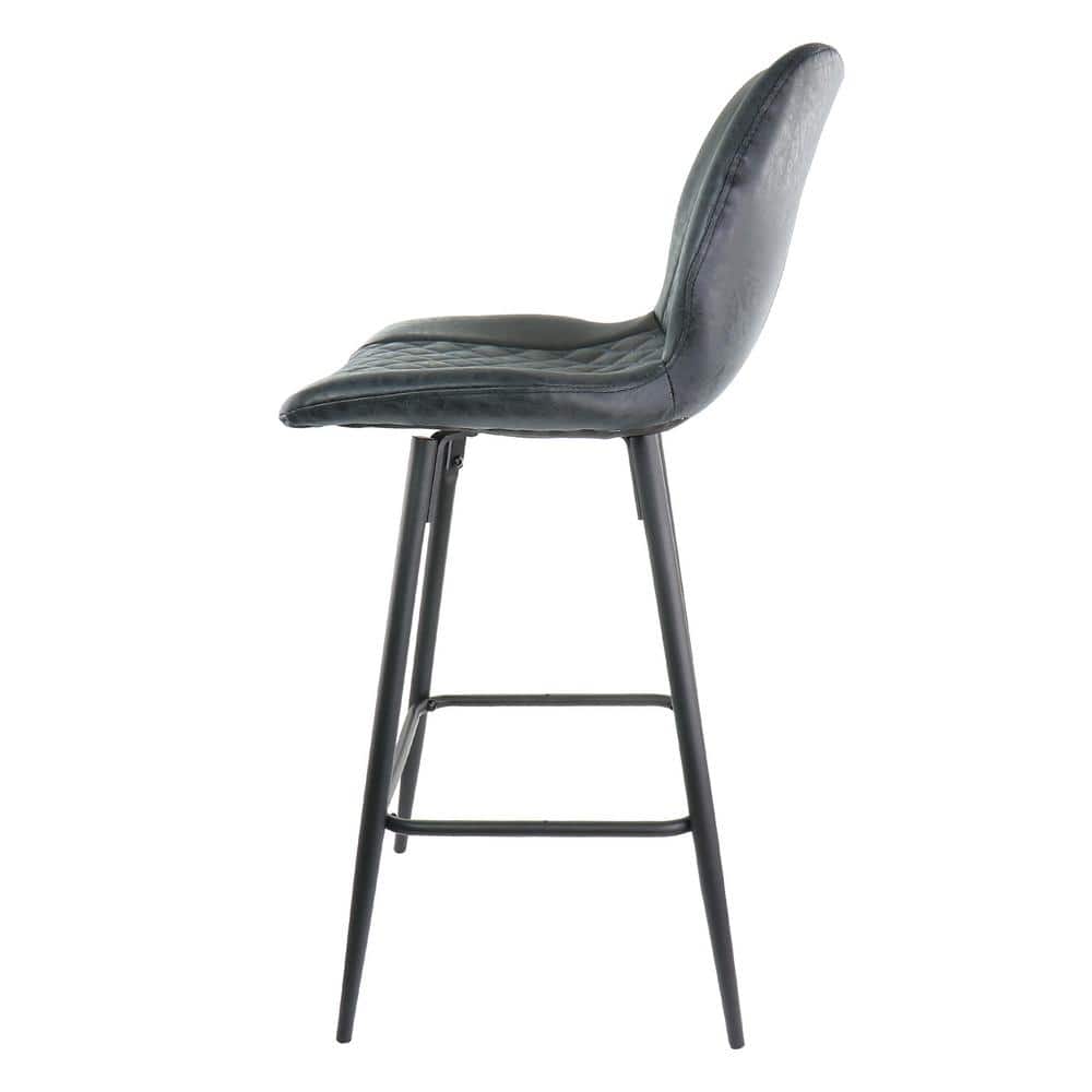 Diamond Stitched Black Faux Leather Bar Stools with Metal Legs
