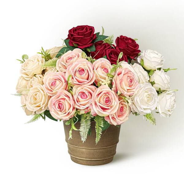 LIVING LUXURY 17 in. Red Artificial Royal Rose Flower Stem Bush