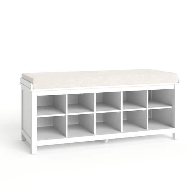 44 in W x 20 in H White Solid Wood 10 Pair Shoe Storage Bench