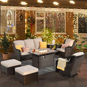 Joyoung Brown 7-Piece Wicker Patio Rectangle Fire Pit Conversation Set with Beige Cushions and Swivel Chairs