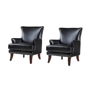 Bonnot Transitional Black Faux Leather Wingback Armchair with Nailhead Trim and T-Cushion (Set of 2)