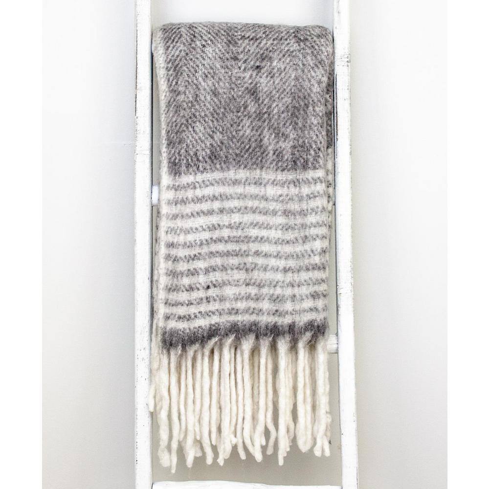 Gray and White Wool Handloom Throw Blanket, 52" x 67"