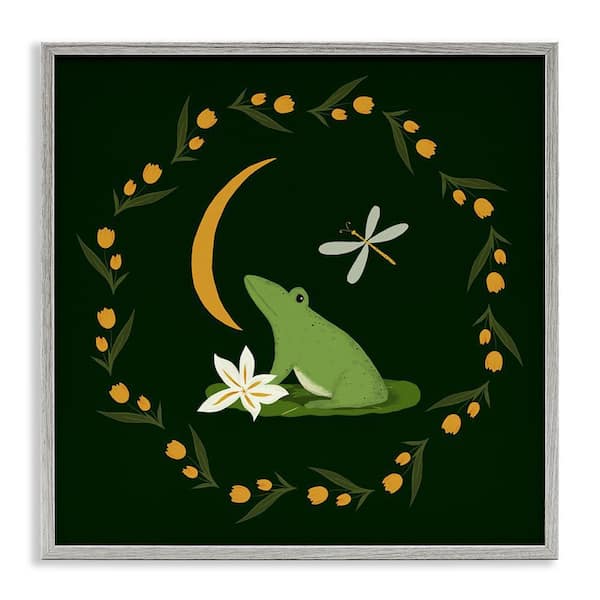 Stupell Industries Frog & Moon Garland by Michelle Ingari Designs Gray Framed Animal Giclee Art Print 17 in. x 17 in.