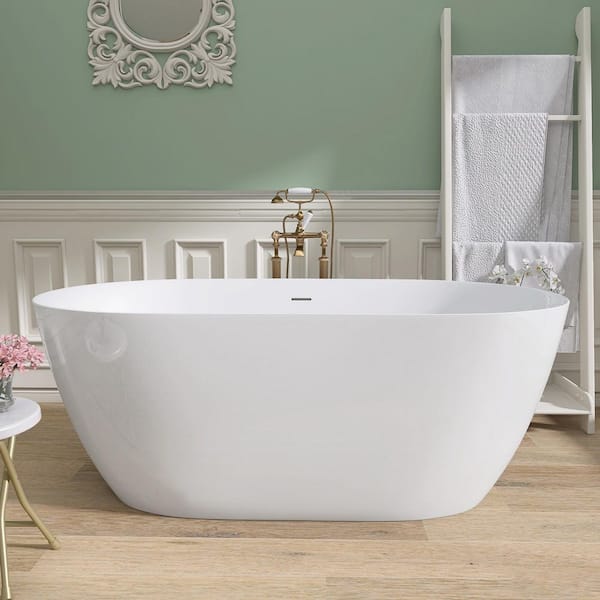 Getpro 51 in. x 27.5 in. Acrylic Free Standing Flat Bottom Bath Tub Soaking with Center Drain Freestanding Bathtub in White