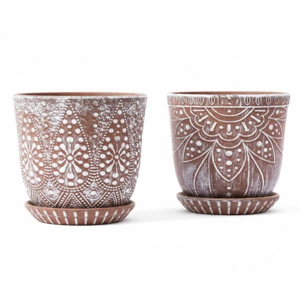 Set of 2 6 Inch Beaded Ceramic Planters with Drainage Hole & Saucer, Indoor Outdoor Round Succulent Orchid Flower Pot