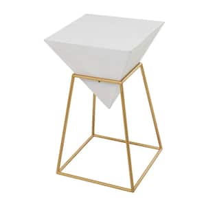 14 in. White Inverted Pyramid Geometric Large Triangle Wood End Table with Gold Metal Stand