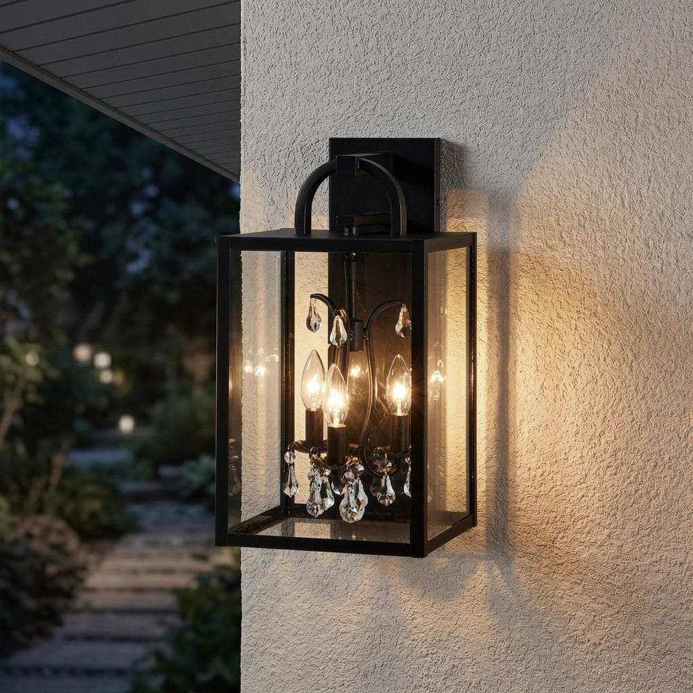 14.3 in. 3-Light Black Hardwired Outdoor Wall Lantern Sconce with Clear Glass and Crystal Drop Accents price history on PriceWatchPro