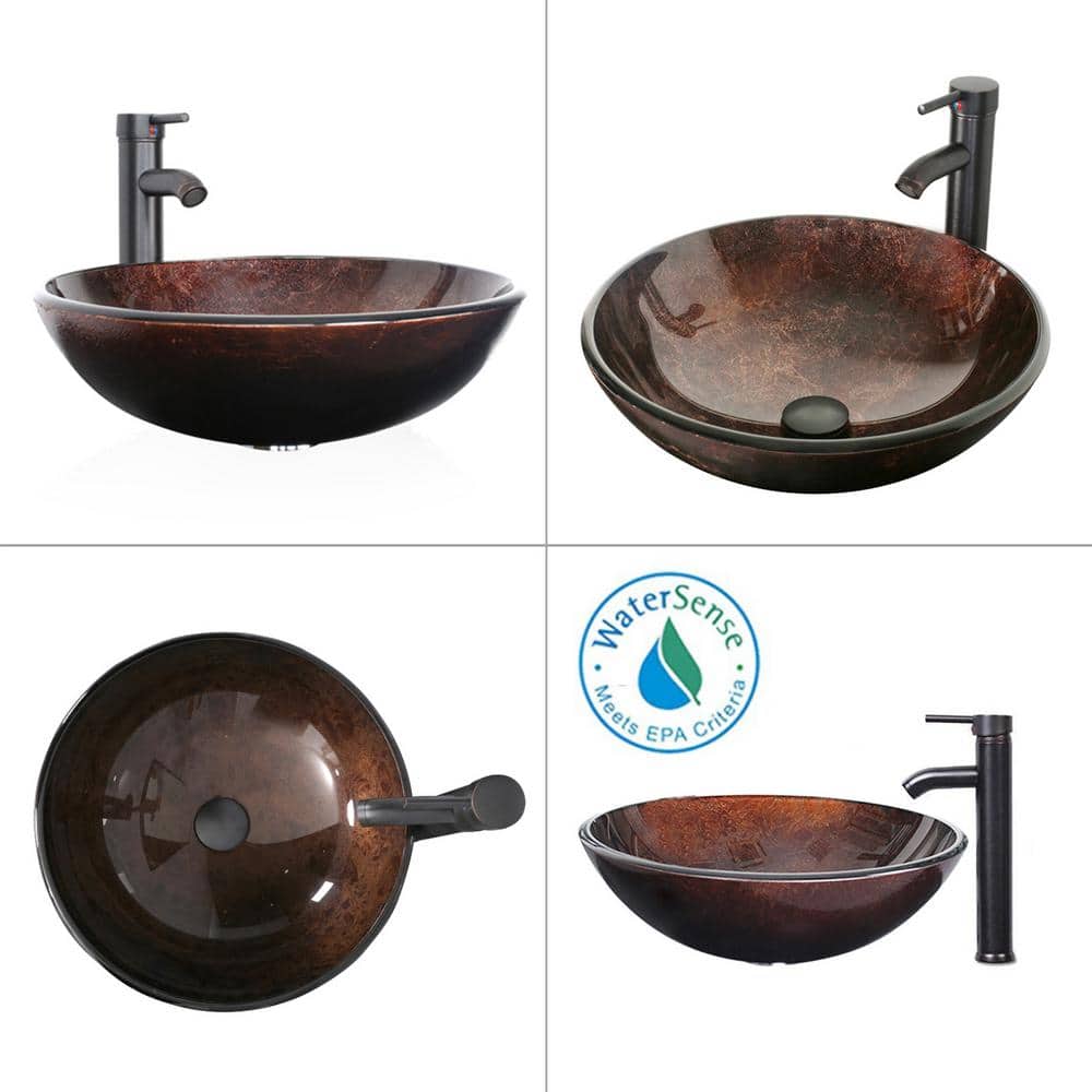 16.5" Brown Tempered Glass Round Vessel Sink with Faucet