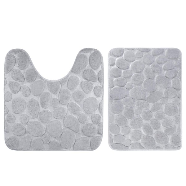 Gray Bathroom Mats, 2 Pieces Memory Foam Bath Rug Set, Non-woven Fabric with Dotted Plastic Backing