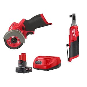 M12 FUEL 12V Lithium-Ion Cordless 3 in. Cut Off Saw with High Speed 3/8 in. Ratchet and XC 4.0Ah Battery Starter Kit