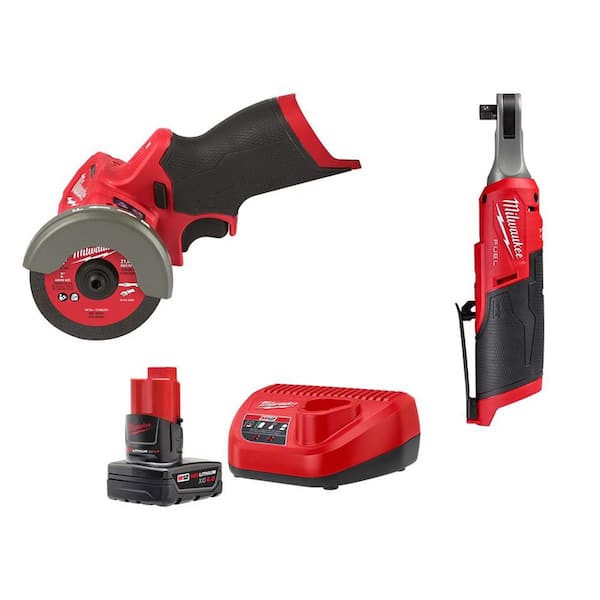 Milwaukee M12 FUEL 12V Lithium Ion Cordless 3 in. Cut Off Saw with High Speed 3 8 in. Ratchet and XC 4.0Ah Battery Starter Kit