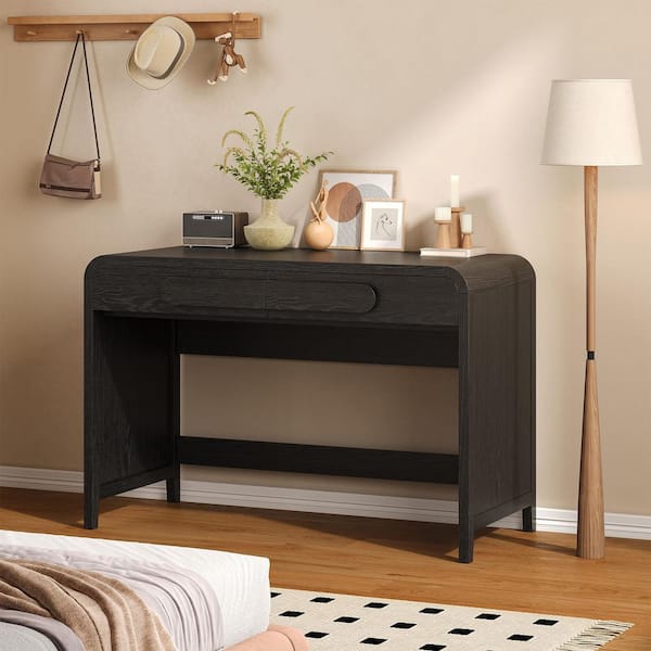45 in. Rectangular Black Wood Waterfall Writing Desk with 2 Storage Sliding Drawers and Curved Statement Pulls