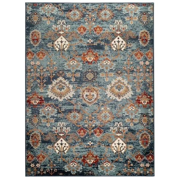 Allure 8 x 10 Teal Blue Oriental Pattern Area Rug for High Traffic Living Room Dining Room Bedroom
