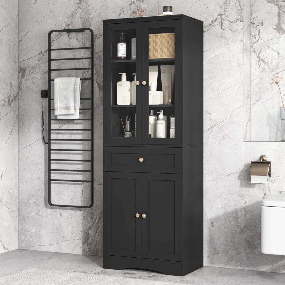 23.3 in. W x 14.5 in. D x 66.9 in. H Black Tall MDF Freestanding Linen Cabi