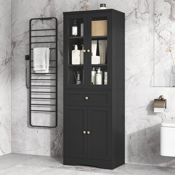 23.3 in. W x 14.5 in. D x 66.9 in. H Black Tall MDF Freestanding Linen Cabinet with Adjustable Shelves in Black