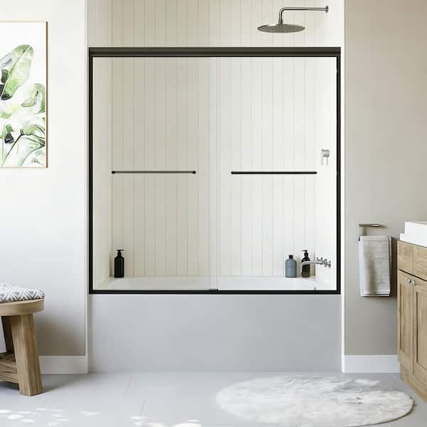 60 in. W x 58 in. H Framed Double Sliding Tub Door Bypass Tub Shower Door in Matte Black with 1/4 in. Clear Glass