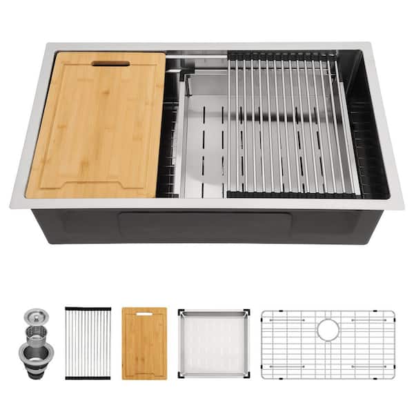 Logmey 33 in. Undermount Workstation Sink Single Bowl 16 Gauge Brushed Stainless Steel Kitchen Sink with Dual-Tier Ledges