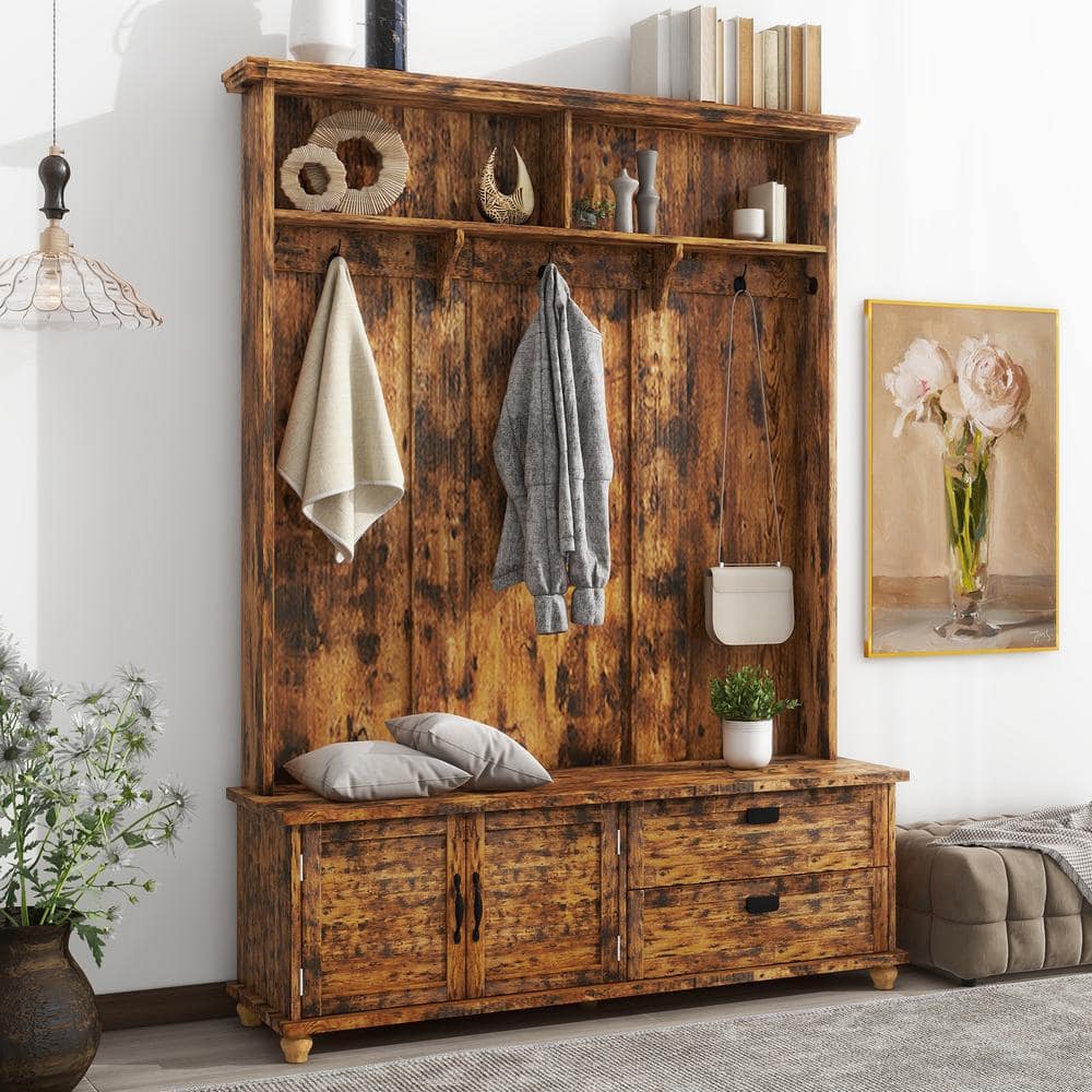 Harper & Bright Designs Rustic Brown Modern Style 59 In. W Hall Tree 