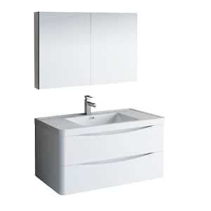 Tuscany 40 in. Modern Wall Hung Bath Vanity in Glossy White w/ Vanity Top in White w/ White Basin and Medicine Cabinet