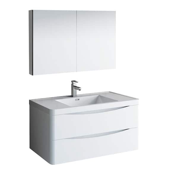 Fresca Tuscany 40 in. Modern Wall Hung Bath Vanity in Glossy White w/ Vanity Top in White w/ White Basin and Medicine Cabinet